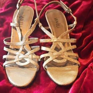 Vaneli Gold Leather Strappy Woven Sandals